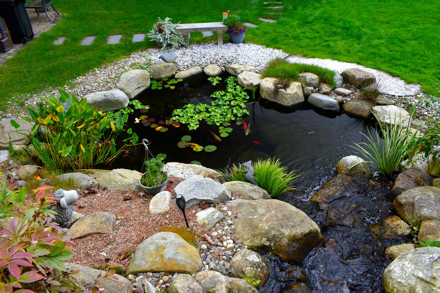 Serene garden pond with rocks and greenery.