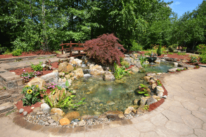 Garden pond with bridge and colorful plants