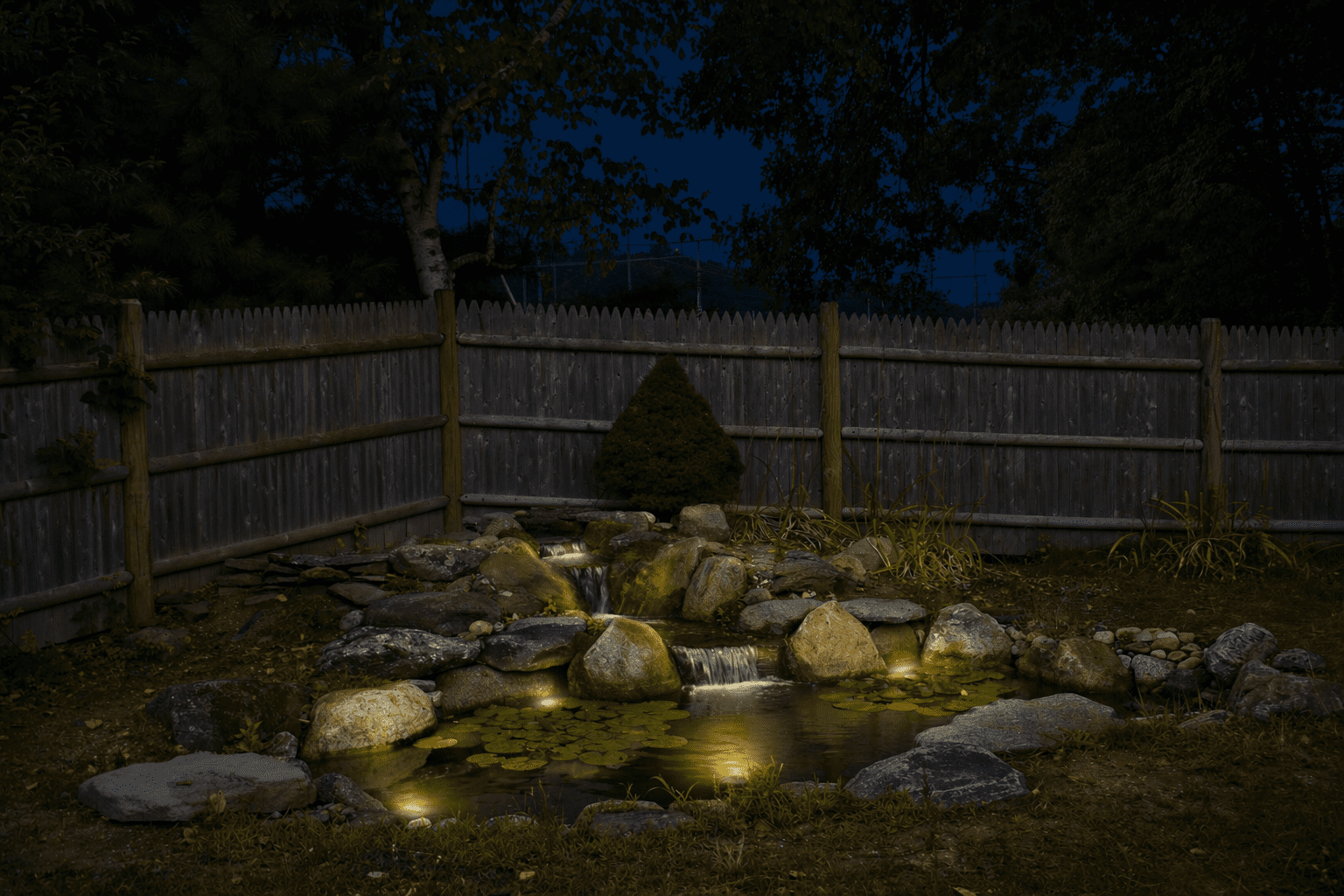 The same pond after dark with custom lighting design illuminated